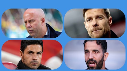 Collage of Arne Slot, Mikel Arteta, Xabi Alonso and Ruben Amori, some successful young managers in football