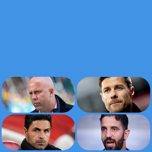 Collage of Arne Slot, Mikel Arteta, Xabi Alonso and Ruben Amori, some successful young managers in football