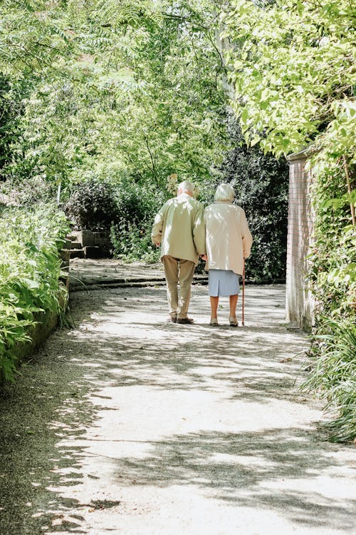 An elderly couple walking in a park.