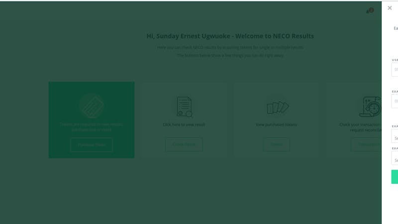 NECO's result checking form field