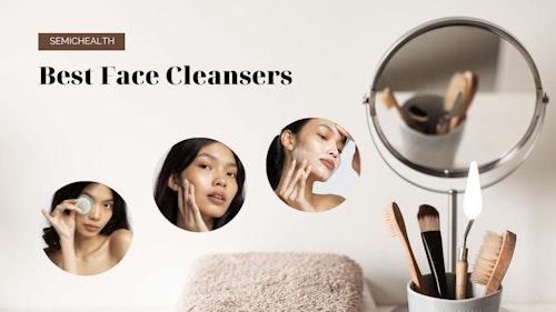 Image of a white woman carrying out skincare routine that involves cleansing the face with a face wash