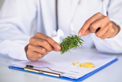 doctor with stethoscope prescribing cbd to a patient