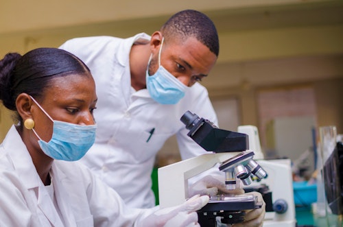 Laboratory technicians viewing a blood via microscope to detect H Pylori