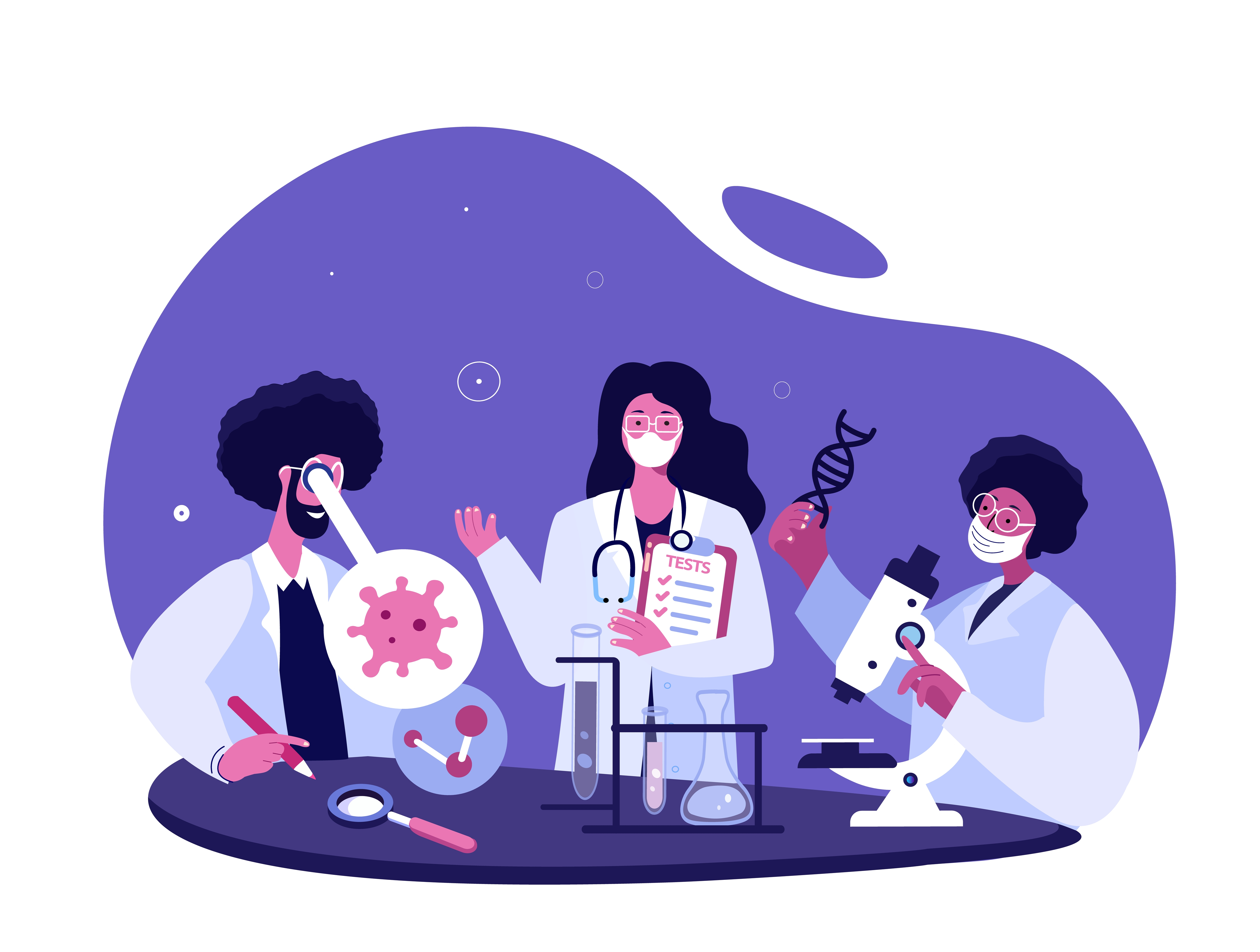 A vector illustration of scientists conducting a DNA test for gene therapy
