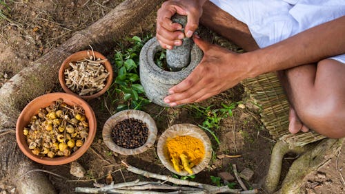 A man using alligator pepper and other herbs to prepare traditional medicine, homeopathy