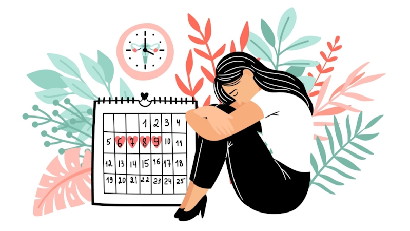Avatar illustration of a woman experiencing menstrual cramps