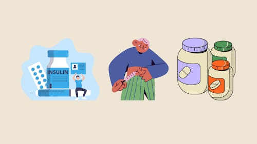 Image illustrations of a man administering an injection, insulin medications and three bottles of supplements