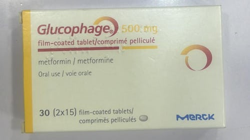 Image showing a pack of metformin (Glucophage) 500 mg