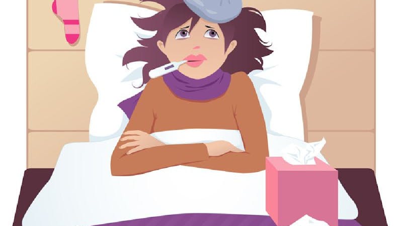 Avatar illustration of a woman having period flu symptoms