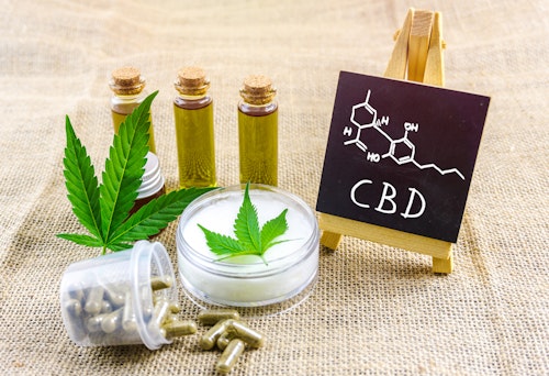 A picture of the cannabis plant, CBD (cannabidiol) pills and CBD oil