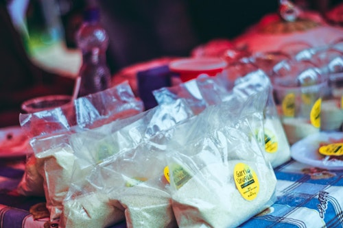 Garri, an African staple food also called cassava flakes packed in small air-tight leather bags