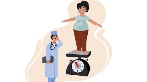 A health provider measuring a woman's weight