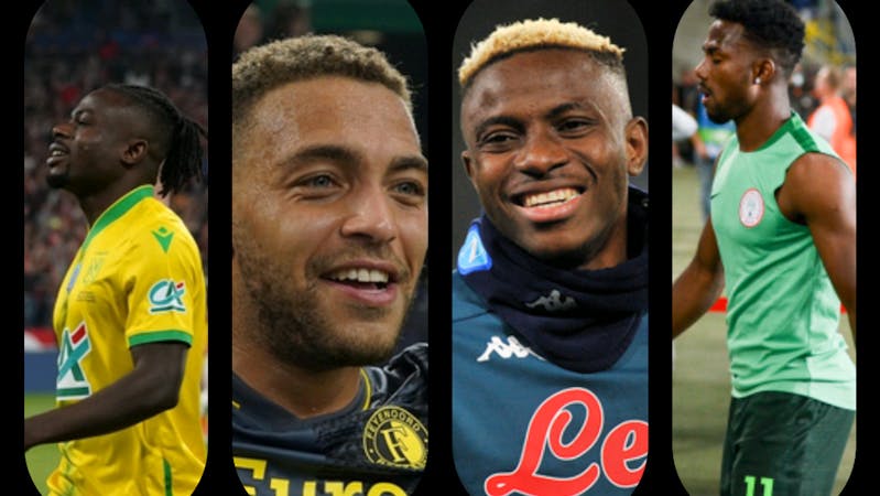 Photo collage of Moses Simon, Cyriel Dessers, Victor Osimhen, Emmanuel Dennis