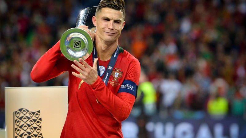 Portugal's greatest player Cristiano Ronaldo and team mates celebrate winning the UEFA Nations League Final with the trophy after the UEFA Nations League Finals match, Portugal