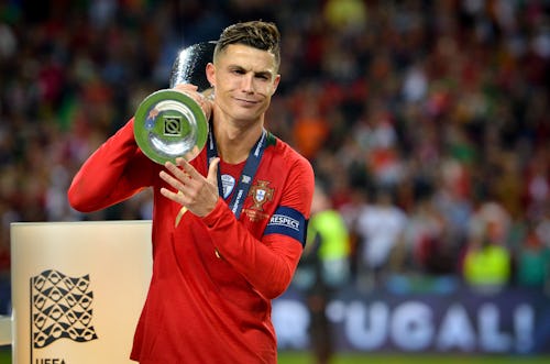 PORTO, PORTUGLAL - June 09, 2019: Portugal's Cristiano Ronaldo and team mates celebrate winning the UEFA Nations League Final with the trophy after the UEFA Nations League Finals match, Portugal