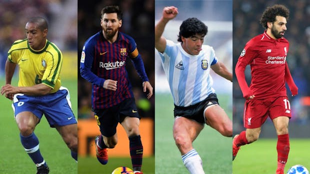 Collage of left-footed footballers: Roberto Carlos, Lionel Messi, Diego Maradona and Mohammed Salah