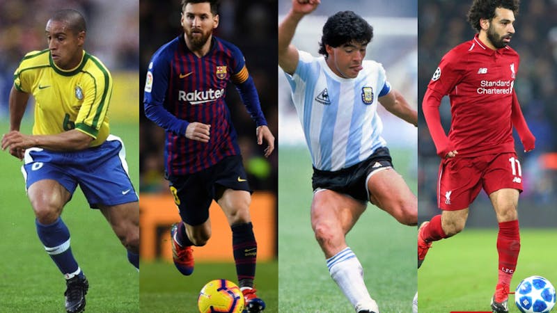 Collage of left-footed footballers: Roberto Carlos, Lionel Messi, Diego Maradona and Mohammed Salah