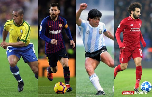 Collage of left-footed footballers: Roberto Carlos, Lionel Messi, Diego Maradona and Mohammed Salah