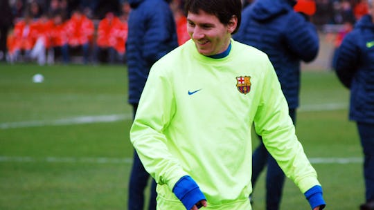 Lionel Messi, in a training session at Reus Deportiu's field, in commemoration of his centenary.