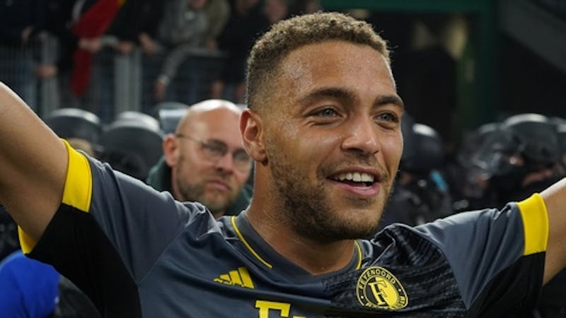 Cyriel Dessers Of Feyenoord in Marseille celebrating the Europe League conference victory (semi finals) match between L'Olympique de Marseille and Feyenoord on May 05, 2022 at the velodrome stadium.