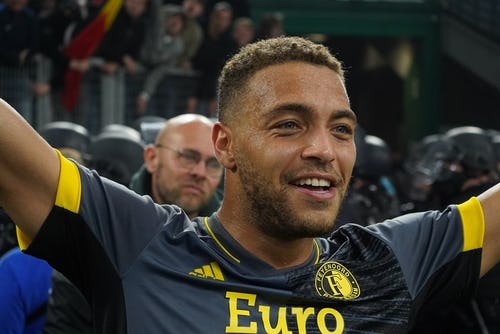 Cyriel Dessers Of Feyenoord in Marseille celebrating the Europe League conference victory (semi finals) match between L'Olympique de Marseille and Feyenoord on May 05, 2022 at the velodrome stadium.