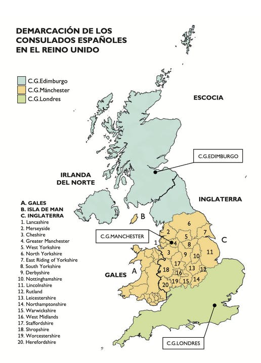 Visual guide of Spanish consulate jurisdictions in UK areas