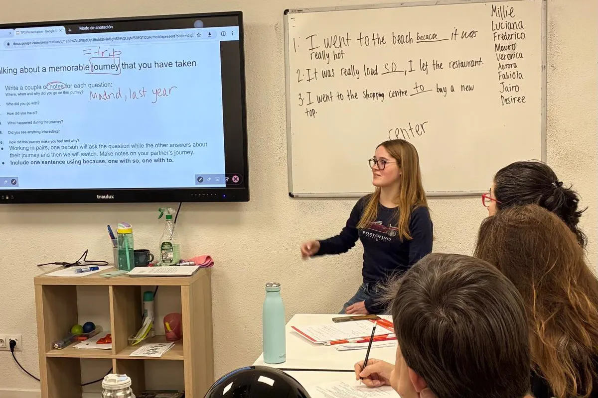 Millie teaching English to adult students during TEFL teaching practice in Barcelona