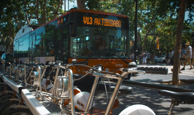 Barcelona bus passing through the city 