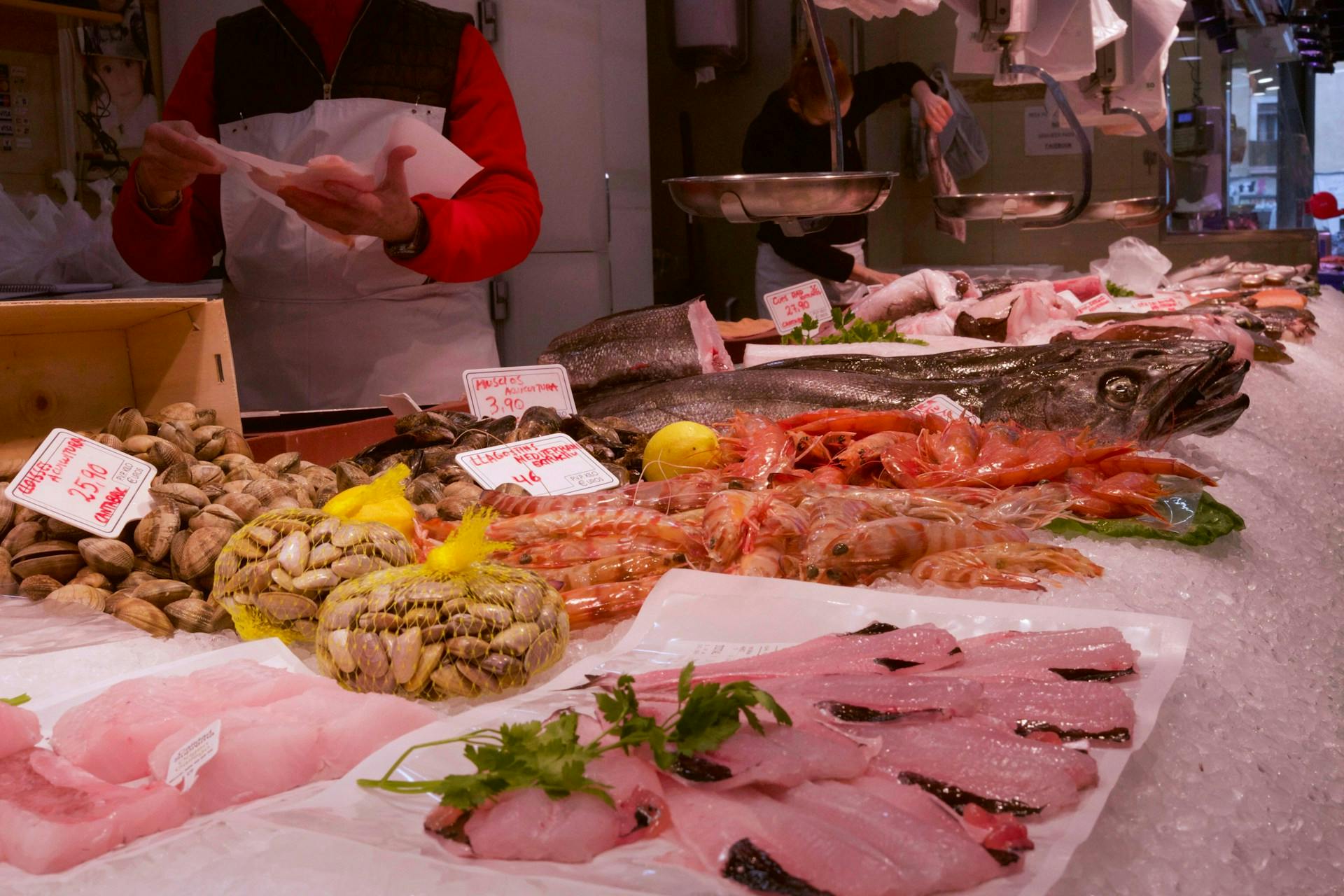 fresh seafood for sale in a market in spain, a cultural part of spanish life is buying fresh fish