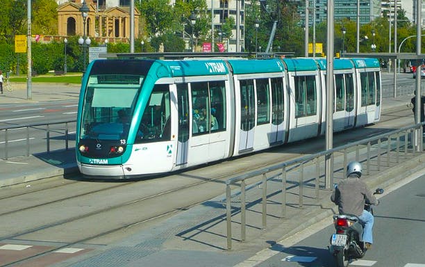 Barcelona tram passing through city 