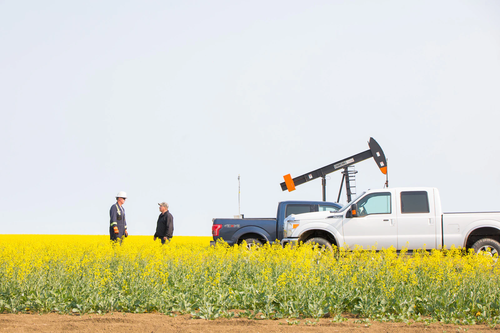 Two men chat in a canola field, near oil machinery and two trucks.