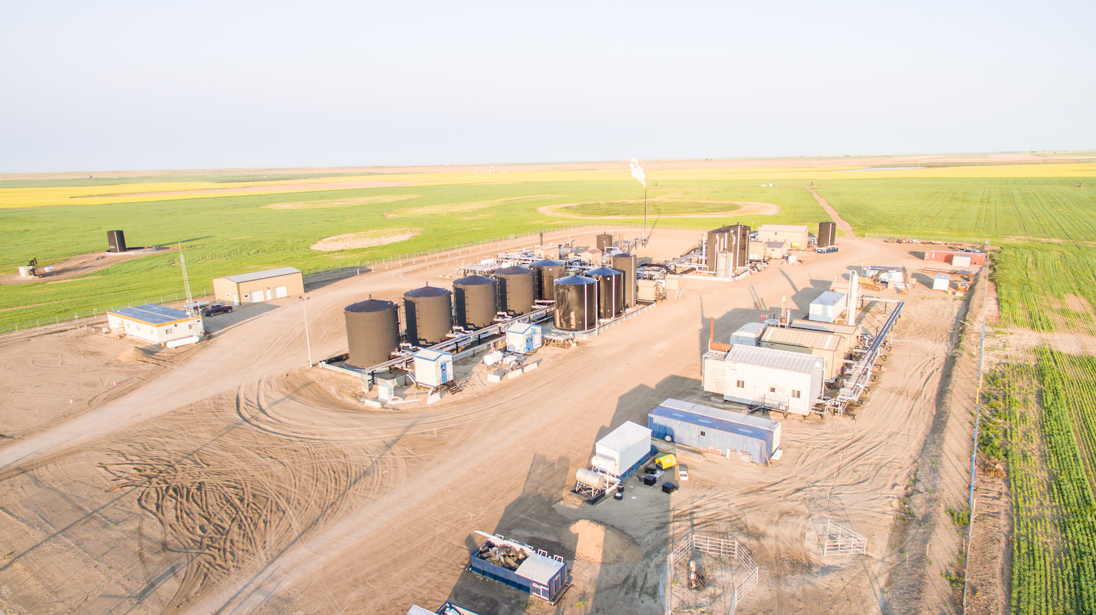An aerial view of an oil rig.