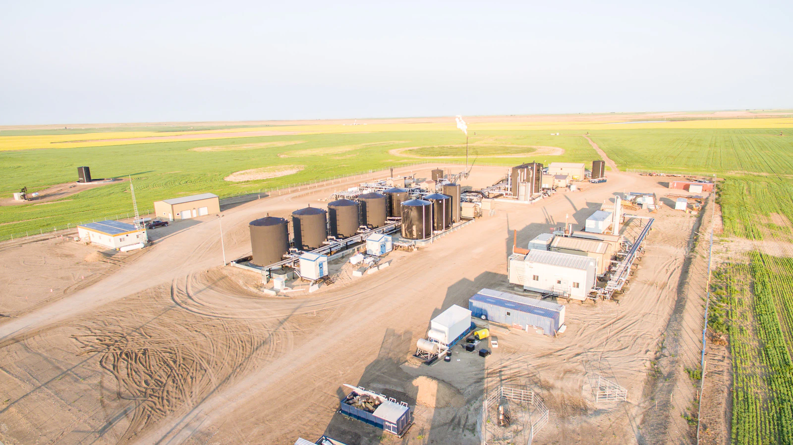 An aerial view of an oil rig.