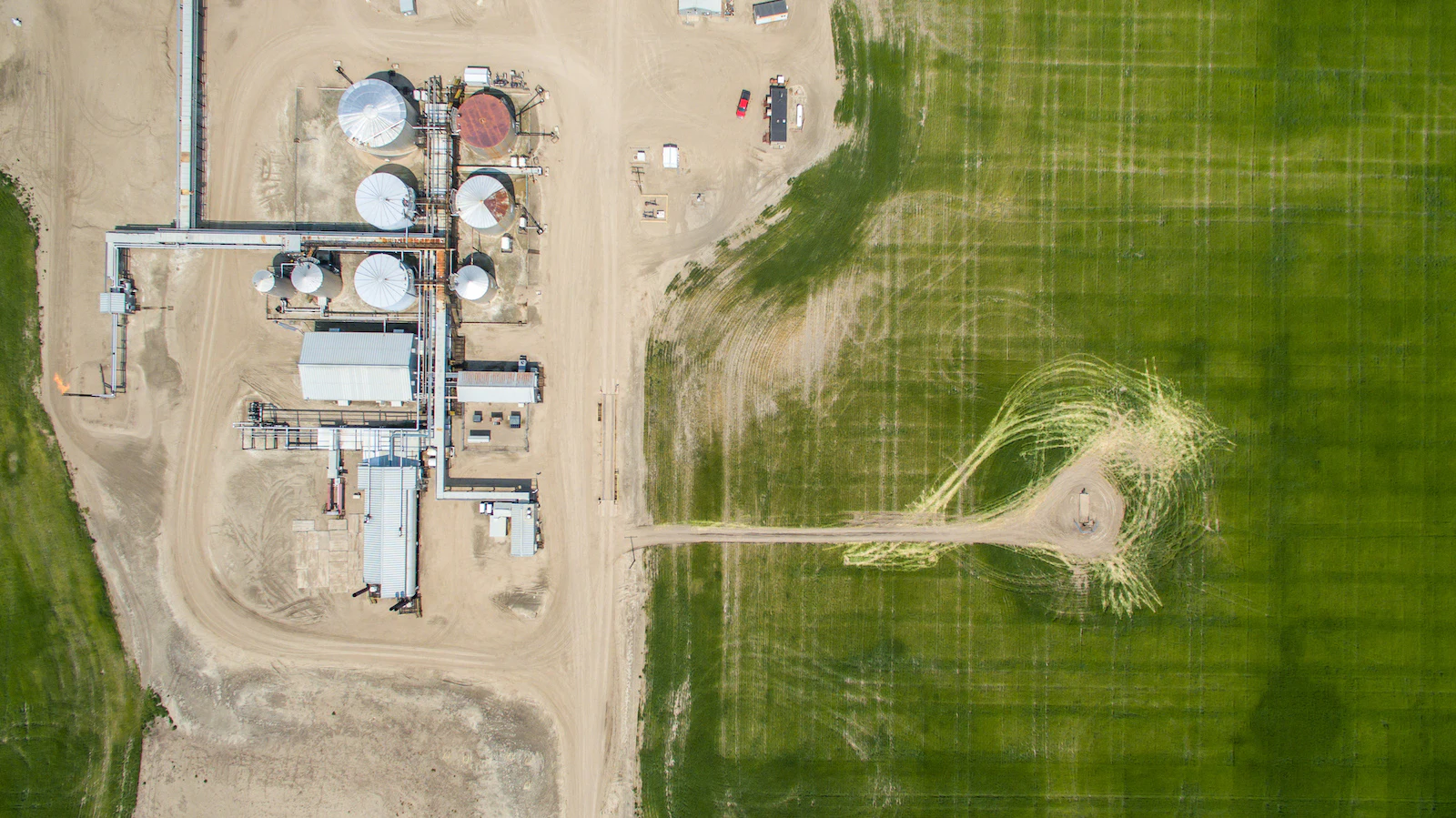An aerial view of an oil rig.