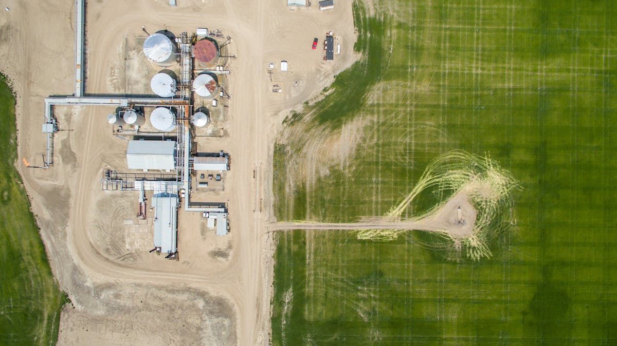 An aerial view of an oil rig.