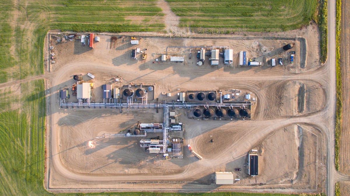 An aerial view of an oil rig.
