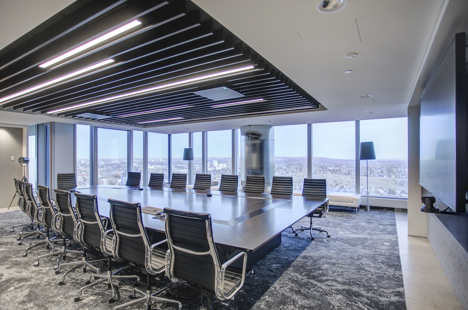 A downtown office interior, lit by ceiling fluorescents.