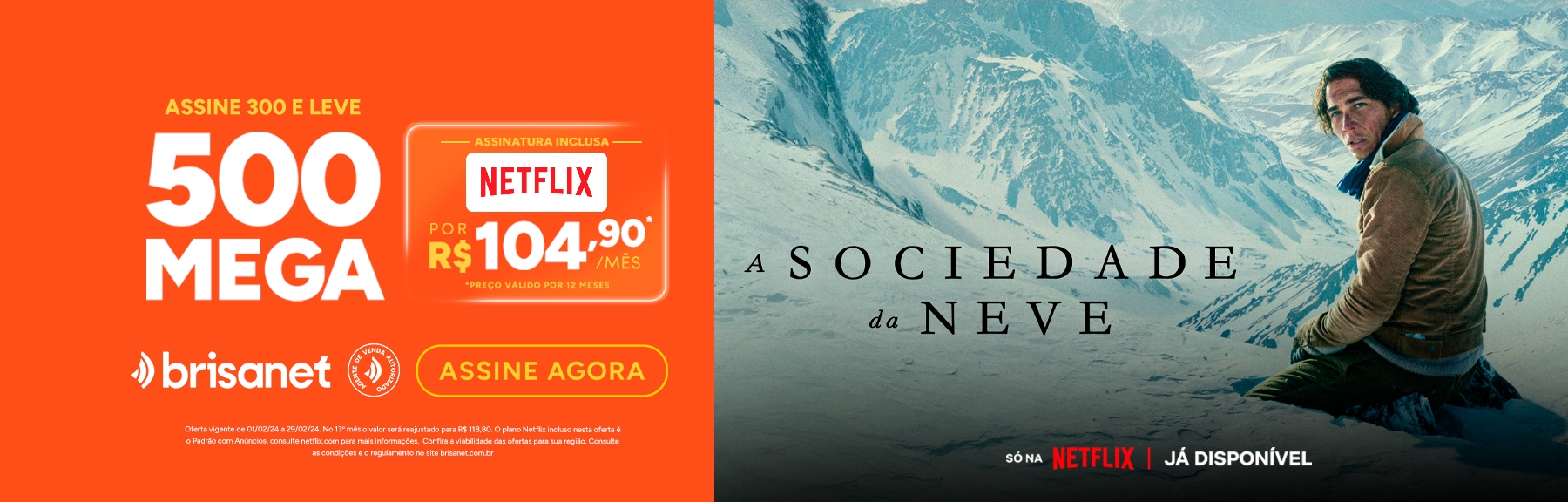 Banner internet Brisanet 500 Mega + Netflix por 104,90 reais