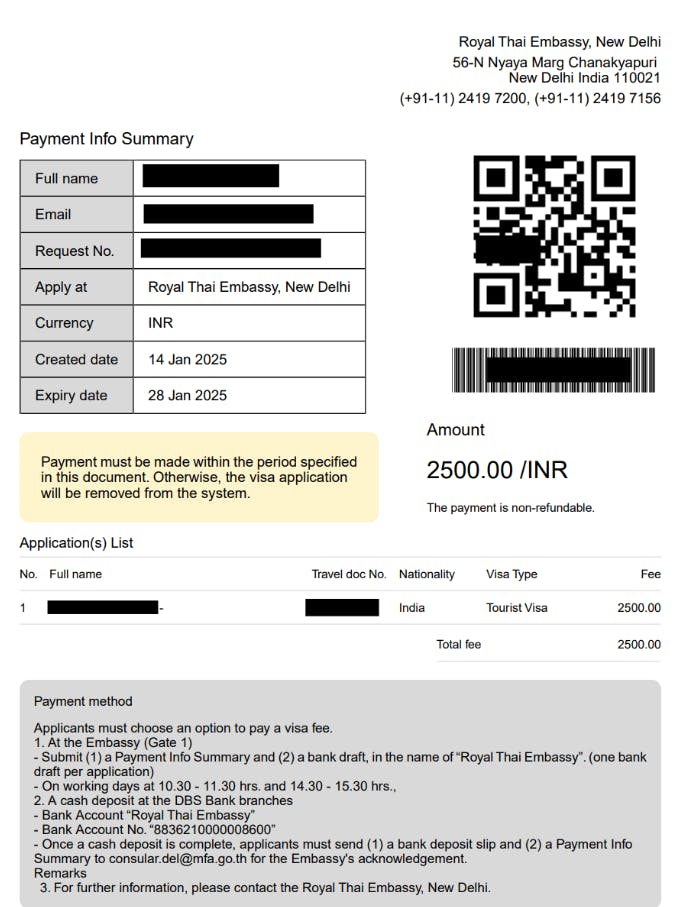 thailand visa payment receipt sample