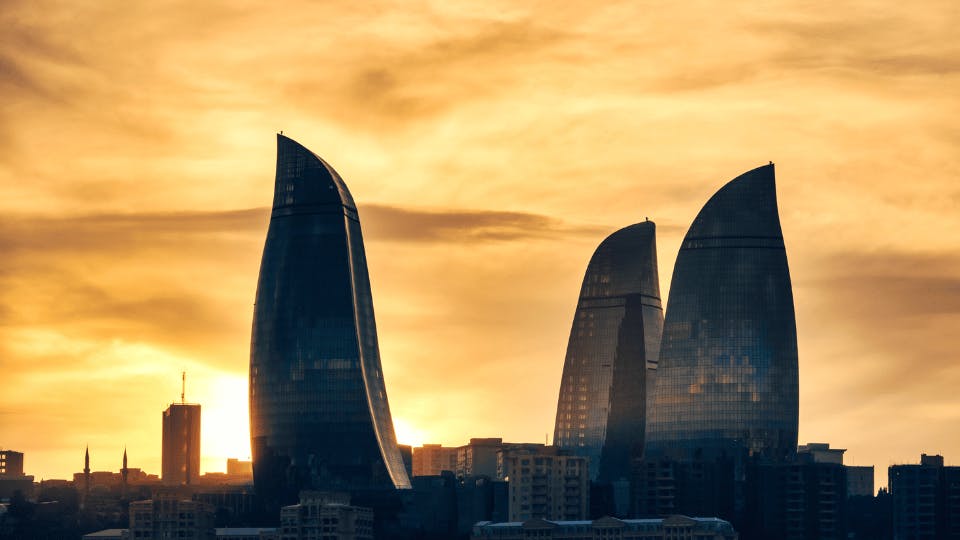 Flame towers, Azerbaijan under sunset