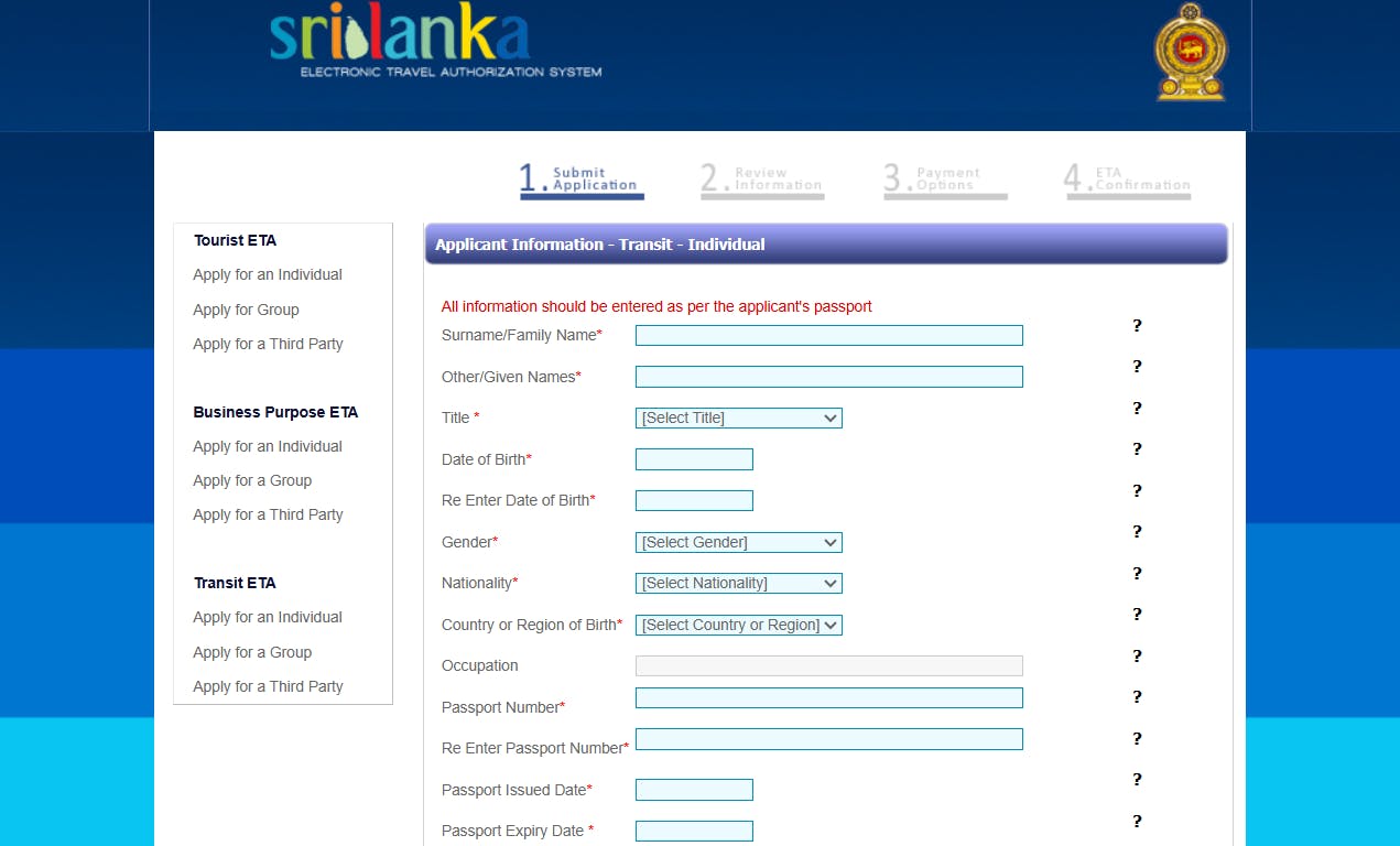 Sri Lanka transit eta application form