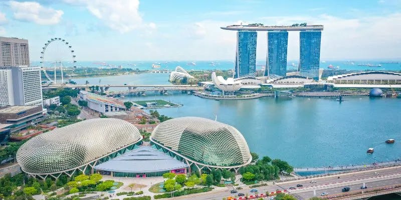 Aerial view of Singapore's Marina Bay landmarks.