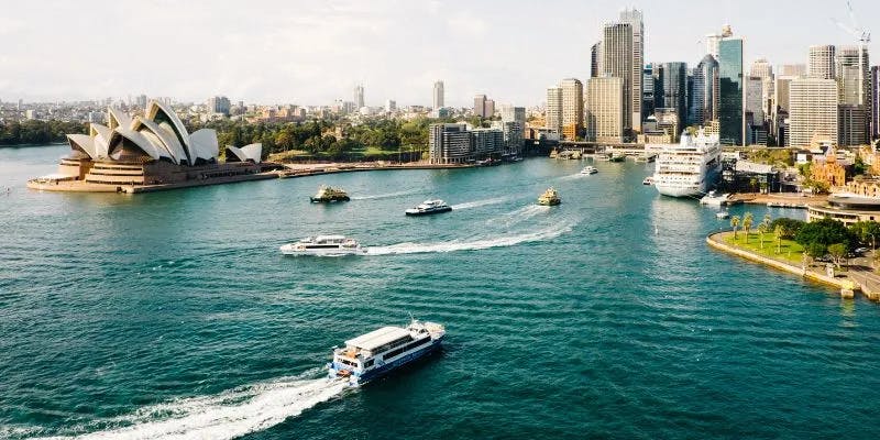 Aerial view of Sydney Harbour with the iconic Sydney Opera House and busy ferry traffic