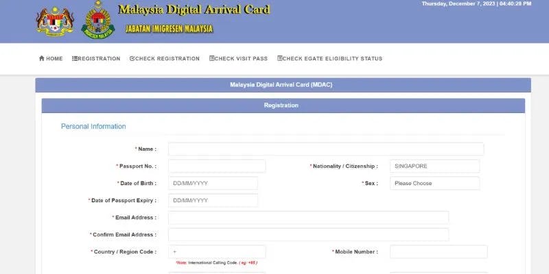 Specimen of Malaysia Digital Arrival Card