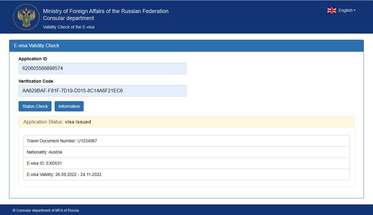 Russia visa application issued sample