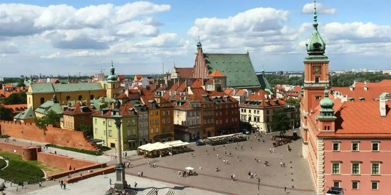 Aerial view of Castle Square in Warsaw, Poland