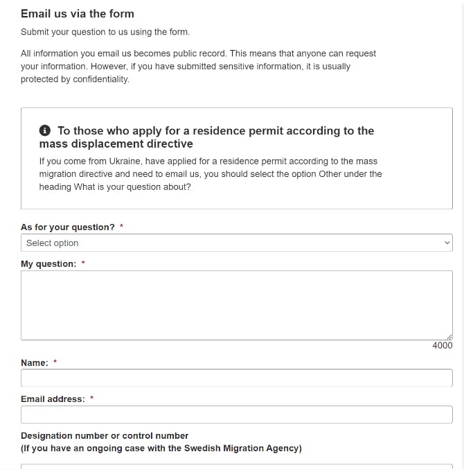 Sweden application status inquiry using the email form