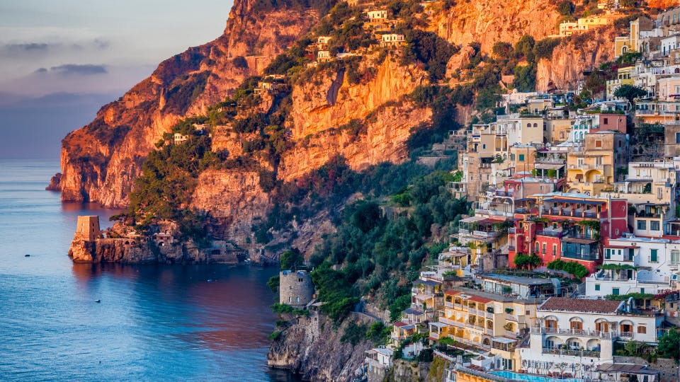 Positano, Italy at sunset.