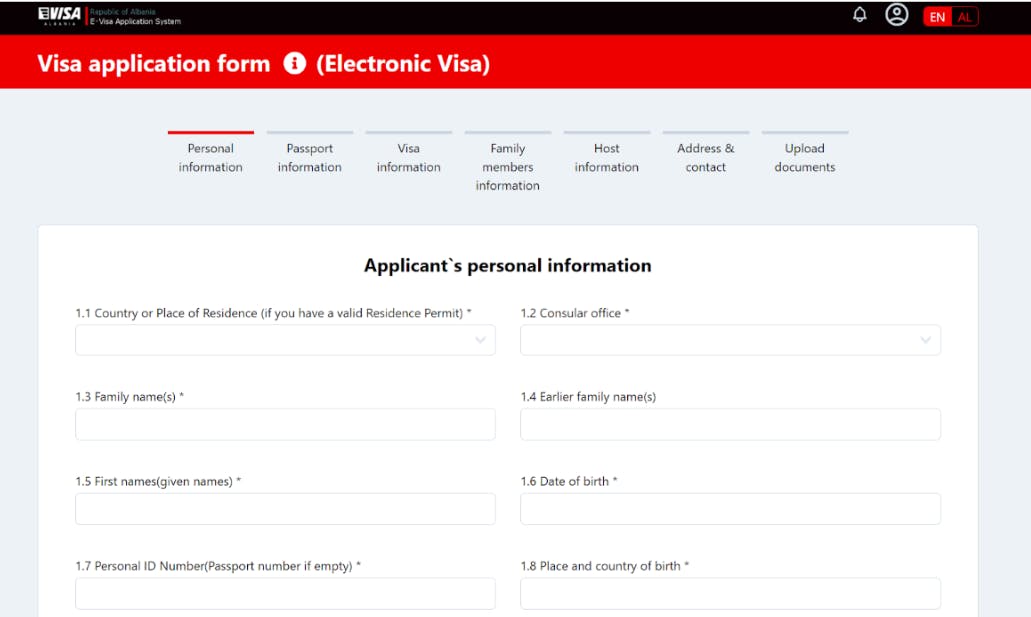 Albania visa application form