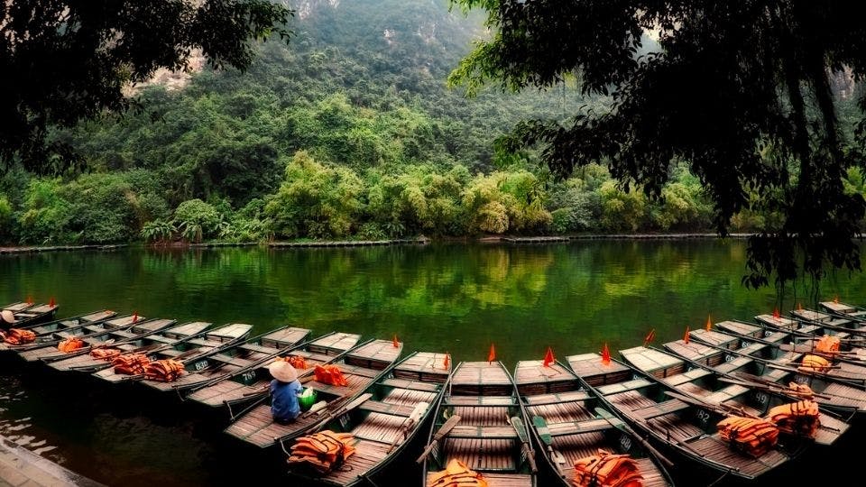 Rowboats lined up on a serene river.